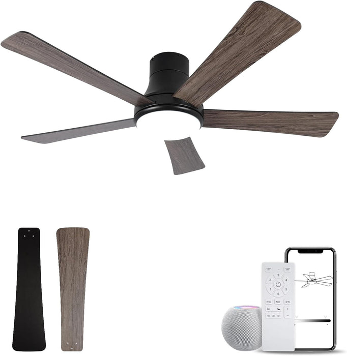 52 in. Ceiling Fan with Light, Flush Mount Ceiling Fan, 5 Blade Reversible Ceiling Fan Summer Winter, Black Ceiling Fan with Remote, Bedroom Ceiling Fans-1-ErisView