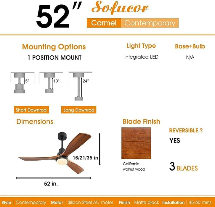 52 in. Ceiling Fan with Light, Indoor Outdoor Ceiling Fans with Remote, Wood Reversible Quiet Ceiling Fans-6-ErisView