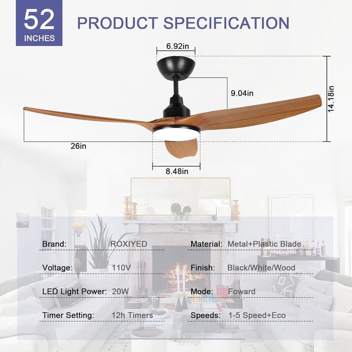 52 in. Ceiling Fan with Light and Remote, 3 Blade Low Noise Ceiling Fan, Indoor Modern Fan for Bedroom Living Room, Outdoor Patio Fans-6-ErisView