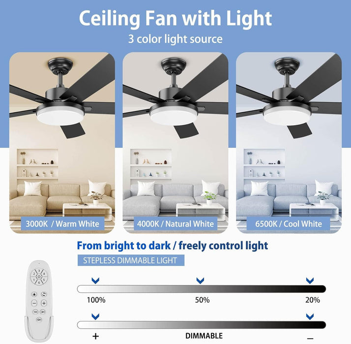 52 in. Ceiling Fan with Light and Remote, Bedroom Ceiling Fans with Lights, Farmhouse Modern Black Ceiling Fan with Light for Living Room Bedroom-4-ErisView