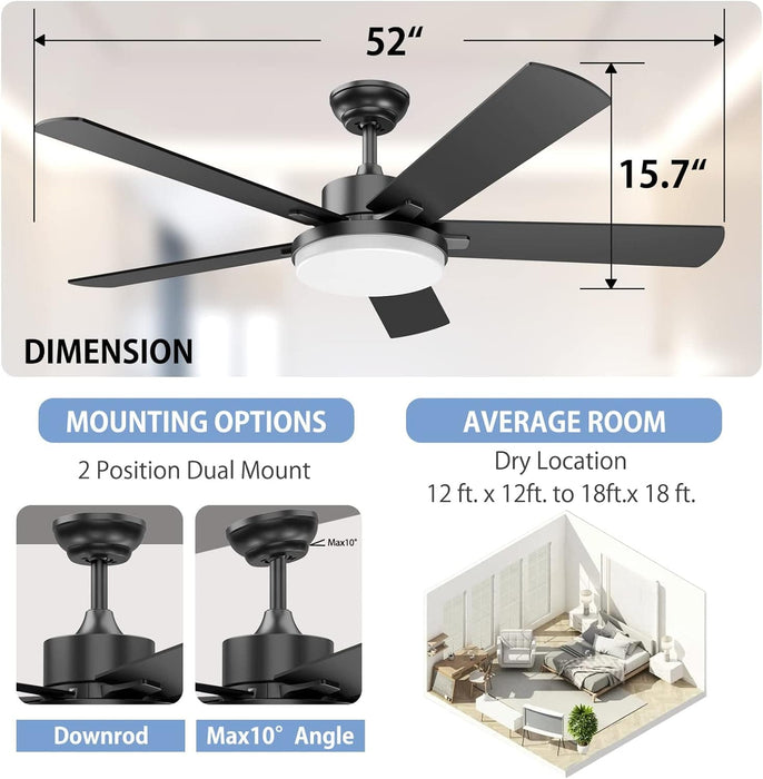 52 in. Ceiling Fan with Light and Remote, Bedroom Ceiling Fans with Lights, Farmhouse Modern Black Ceiling Fan with Light for Living Room Bedroom-5-ErisView
