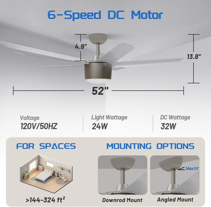 52 in. Ceiling Fan with Light and Remote, Ceiling Fan Winter Summer, Brushed Nickel Ceiling Fan for Living Room, Outdoor Fans for Porch Patio Garage -5-ErisView