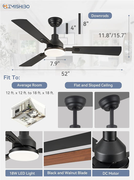 52 in. Ceiling Fan with Light and Remote Control, Indoor and Outdoor LED Ceiling Fan and Light, Farmhouse Walnut Reversible Modern Ceiling Fan -13-ErisView