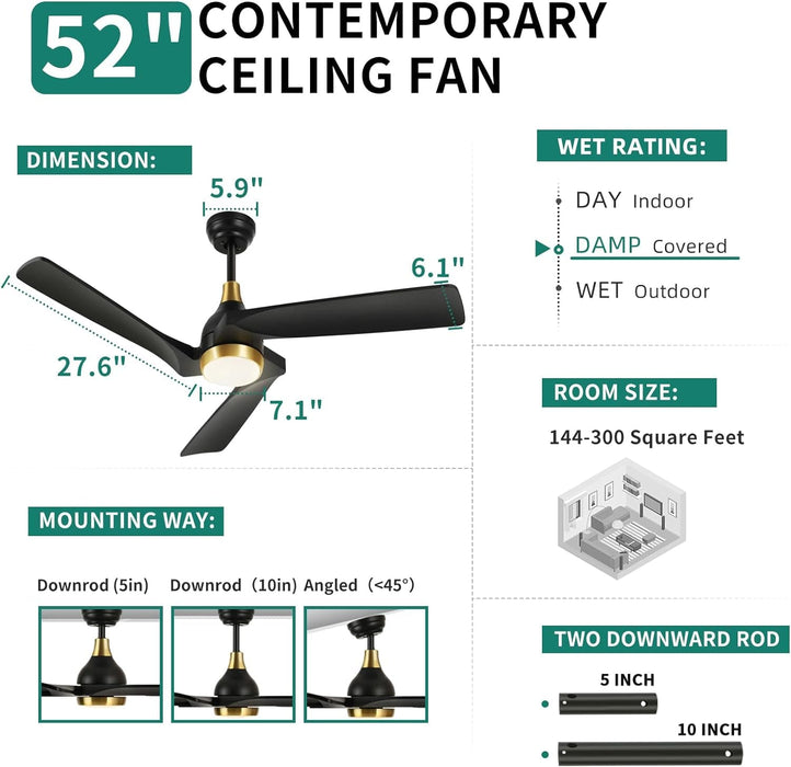 52 in. Ceiling Fan with Light and Remote, Dimmable LED Ceiling Fan with 5 Solid Walnut Wood Blades, Modern Indoor Outdoor Reversible Quiet Ceiling Fans-12-ErisView