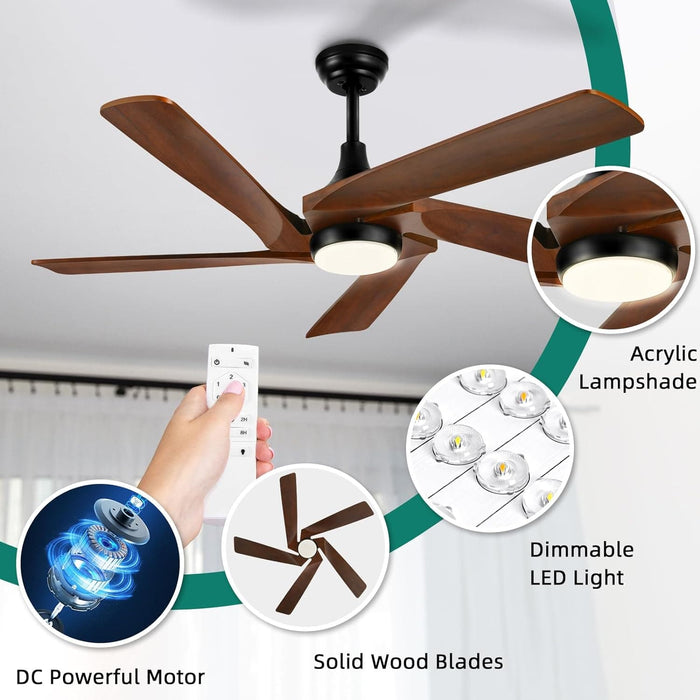 52 in. Ceiling Fan with Light and Remote, Dimmable LED Ceiling Fan with 5 Solid Walnut Wood Blades, Modern Indoor Outdoor Reversible Quiet Ceiling Fans-3-ErisView
