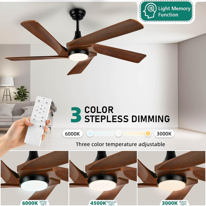 52 in. Ceiling Fan with Light and Remote, Dimmable LED Ceiling Fan with 5 Solid Walnut Wood Blades, Modern Indoor Outdoor Reversible Quiet Ceiling Fans-4-ErisView