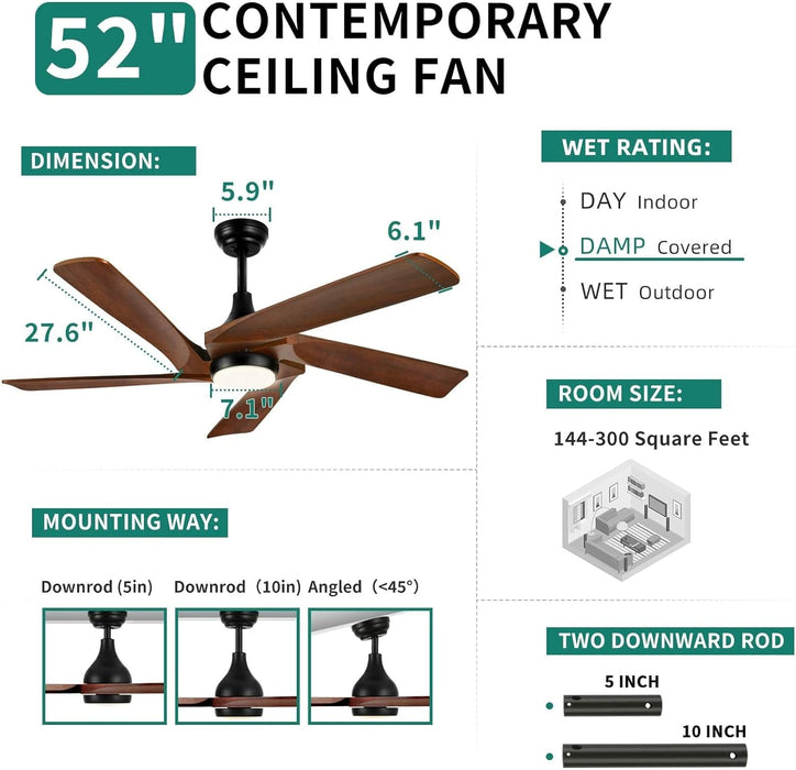 52 in. Ceiling Fan with Light and Remote, Dimmable LED Ceiling Fan with 5 Solid Walnut Wood Blades, Modern Indoor Outdoor Reversible Quiet Ceiling Fans-5-ErisView