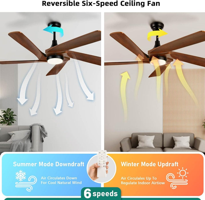 52 in. Ceiling Fan with Light and Remote, Dimmable LED Ceiling Fan with 5 Solid Walnut Wood Blades, Modern Indoor Outdoor Reversible Quiet Ceiling Fans-7-ErisView
