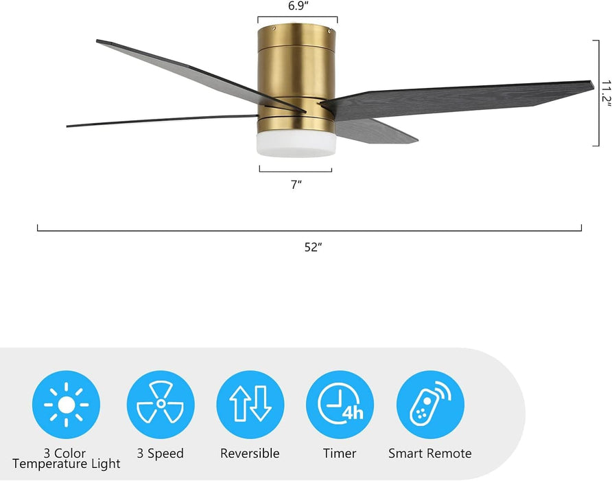 52 in. Ceiling Fan with Light and Remote, Gold Flush Mount Low Profile Ceiling Fan and Light, Quiet Ceiling Fan Summer Winter for Bedroom Living Room-2-ErisView