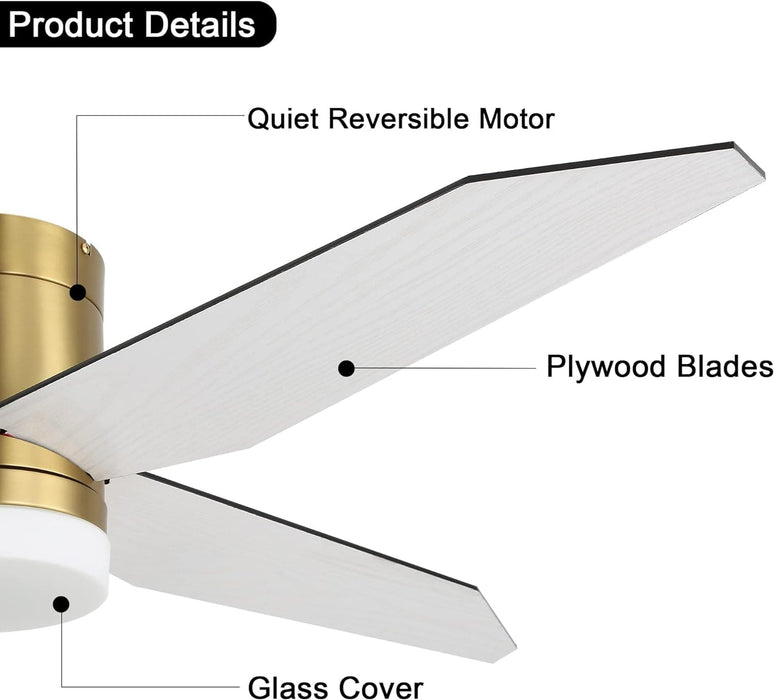 52 in. Ceiling Fan with Light and Remote, Gold Flush Mount Low Profile Ceiling Fan and Light, Quiet Ceiling Fan Summer Winter for Bedroom Living Room-3-ErisView
