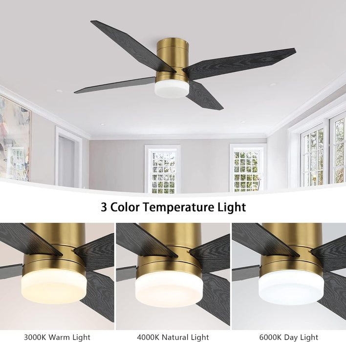52 in. Ceiling Fan with Light and Remote, Gold Flush Mount Low Profile Ceiling Fan and Light, Quiet Ceiling Fan Summer Winter for Bedroom Living Room-6-ErisView