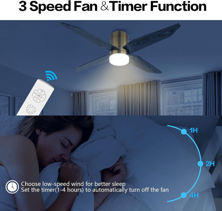 52 in. Ceiling Fan with Light and Remote, Gold Flush Mount Low Profile Ceiling Fan and Light, Quiet Ceiling Fan Summer Winter for Bedroom Living Room-7-ErisView