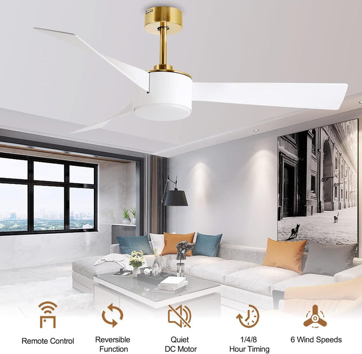 52 in. Ceiling Fan with Light and Remote, Indoor Modern Reversible DC Ceiling Fan, 3 Blade White Gold Ceiling Fan for Bedroom Living Room Dining Room-2-ErisView