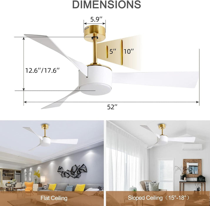 52 in. Ceiling Fan with Light and Remote, Indoor Modern Reversible DC Ceiling Fan, 3 Blade White Gold Ceiling Fan for Bedroom Living Room Dining Room-7-ErisView