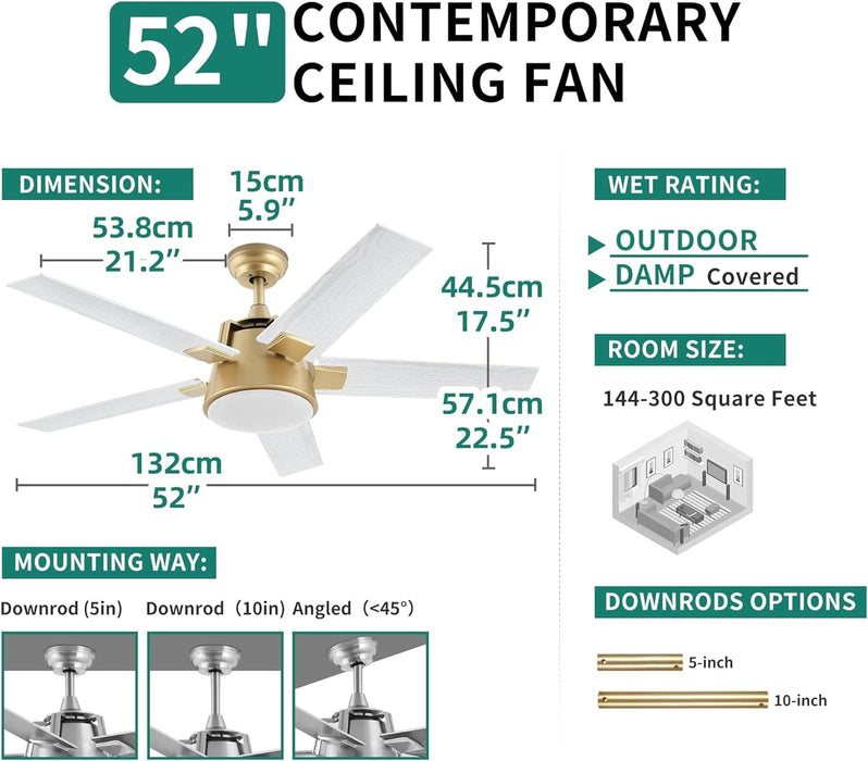 52 in. Ceiling Fan with Light and Wall Switch Remote, Modern Ceiling Fan Winter Summer, Bedroom Living Room Patio Ceiling Fans for Low Ceiling-6-ErisView