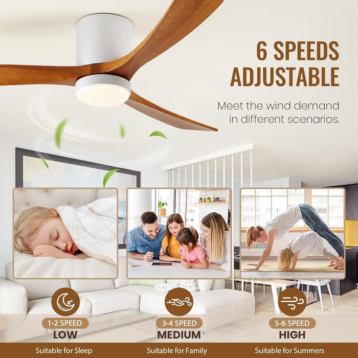 52 in. Ceiling Fan with Lights, Low Profile Ceiling Fan, Wood Reversible Dimmable Flush Mount Remote Control Fan for Living Room Kitchen Bedroom-6-ErisView