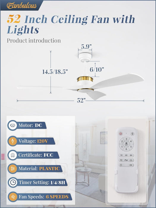 52 in. Ceiling Fan with Lights and Remote Control, Modern Reversible Ceiling Fan for Bedroom Living Room, Patio Porch Ceiling Fans-13-ErisView