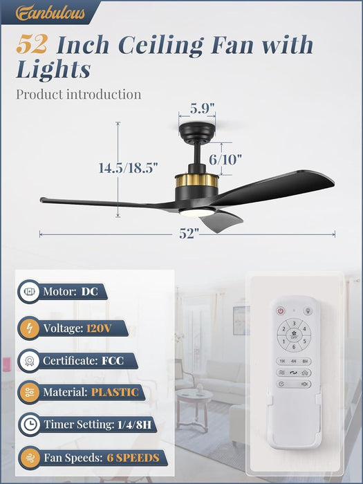 52 in. Ceiling Fan with Lights and Remote Control, Modern Reversible Ceiling Fan for Bedroom Living Room, Patio Porch Ceiling Fans-20-ErisView