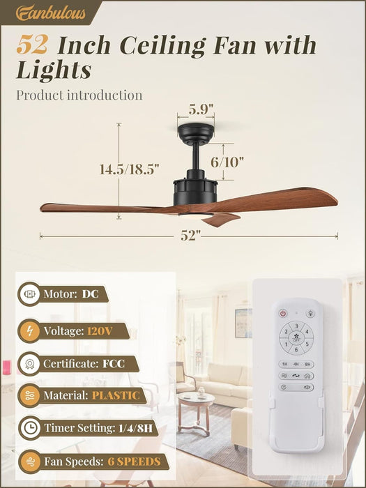 52 in. Ceiling Fan with Lights and Remote Control, Modern Reversible Ceiling Fan for Bedroom Living Room, Patio Porch Ceiling Fans-6-ErisView