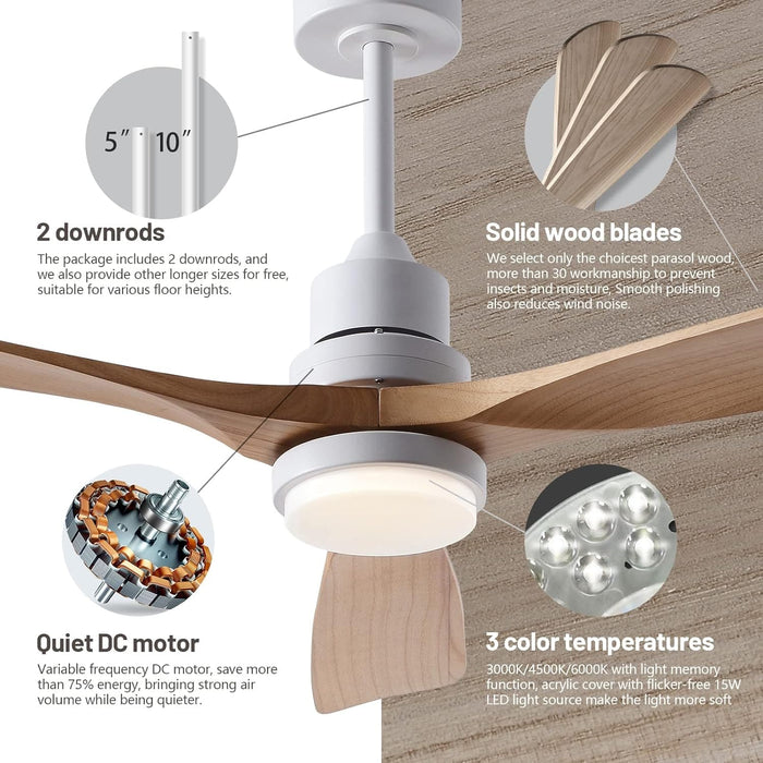 52 in. Ceiling Fan with Lights and Remote, LED Quiet Reversible DC Ceiling Fan, Wood Ceiling Fan for Living Room Bedroom Dining Room Workroom Study Room-2-ErisView