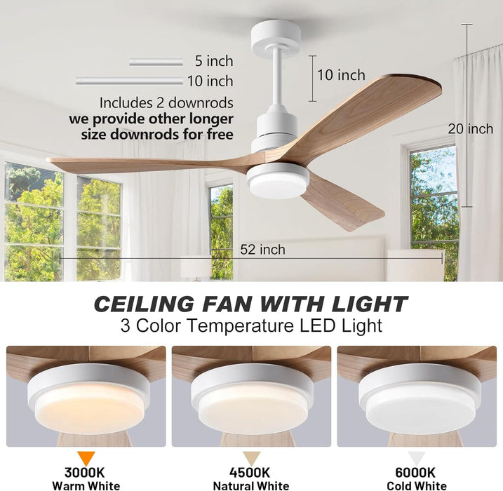 52 in. Ceiling Fan with Lights and Remote, LED Quiet Reversible DC Ceiling Fan, Wood Ceiling Fan for Living Room Bedroom Dining Room Workroom Study Room-4-ErisView
