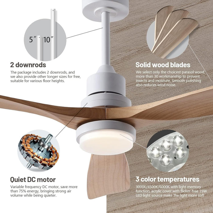 52 in. Ceiling Fan with Lights and Remote, LED Quiet Reversible DC Ceiling Fan, Wood Ceiling Fan for Living Room Bedroom Dining Room Workroom Study Room-7-ErisView