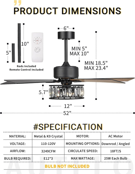 52 in. Ceiling Fan with Lights and Remote, Modern Dark Wood Ceiling Fan, 5 Reversible Blade Crystal Ceiling Fan for Living Room -4-ErisView