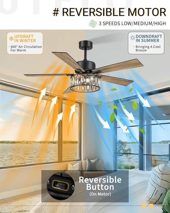 52 in. Ceiling Fan with Lights and Remote, Modern Dark Wood Ceiling Fan, 5 Reversible Blade Crystal Ceiling Fan for Living Room -5-ErisView