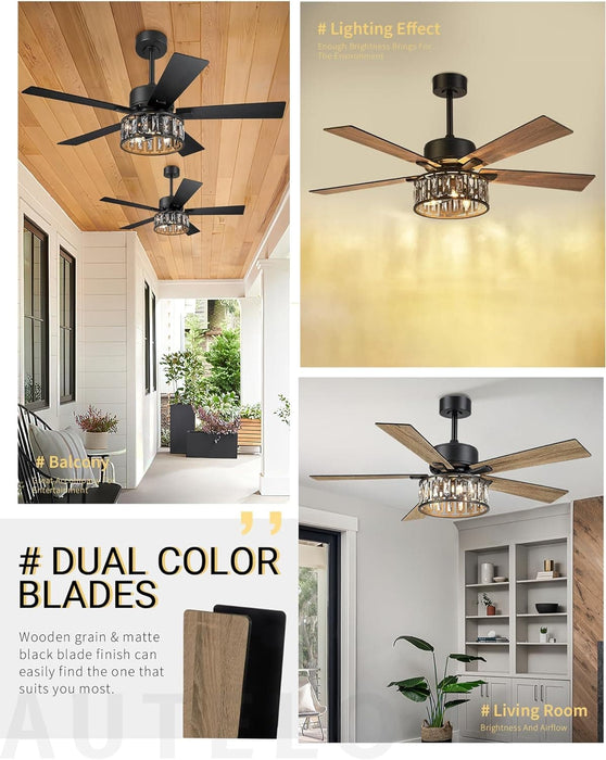 52 in. Ceiling Fan with Lights and Remote, Modern Dark Wood Ceiling Fan, 5 Reversible Blade Crystal Ceiling Fan for Living Room -6-ErisView