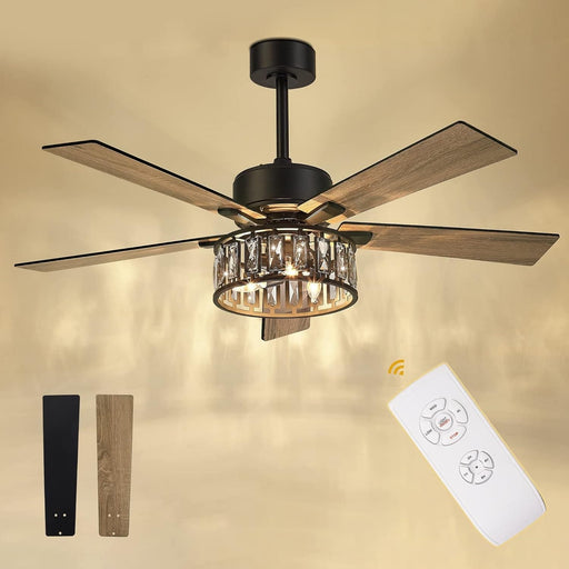52 in. Ceiling Fan with Lights and Remote, Modern Dark Wood Ceiling Fan, 5 Reversible Blade Crystal Ceiling Fan for Living Room -1-ErisView