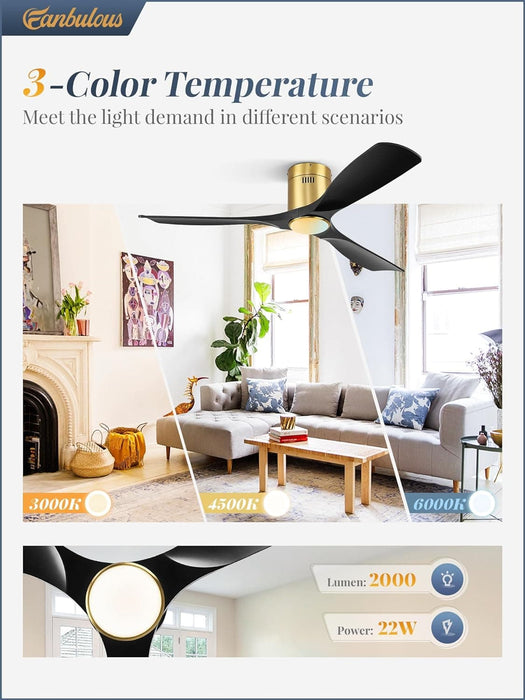 52 in. Ceiling Fan with Lights and Remote, Modern Flush Mount Ceiling Fan, Low Profile Reversible DC Ceiling Fan for Bedroom Living Room Patio-10-ErisView