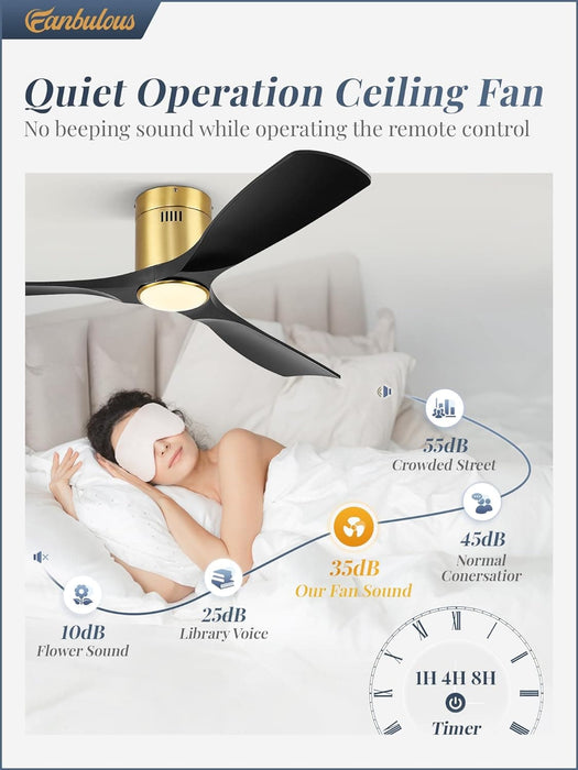 52 in. Ceiling Fan with Lights and Remote, Modern Flush Mount Ceiling Fan, Low Profile Reversible DC Ceiling Fan for Bedroom Living Room Patio-11-ErisView