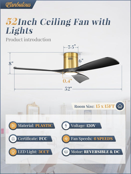 52 in. Ceiling Fan with Lights and Remote, Modern Flush Mount Ceiling Fan, Low Profile Reversible DC Ceiling Fan for Bedroom Living Room Patio-13-ErisView