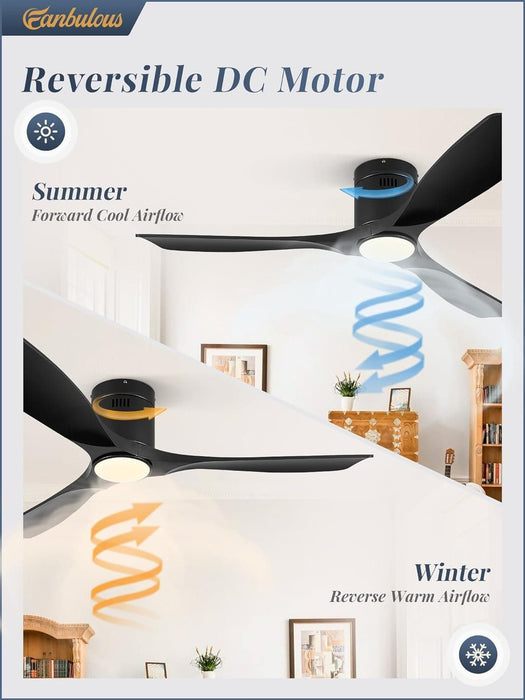 52 in. Ceiling Fan with Lights and Remote, Modern Flush Mount Ceiling Fan, Low Profile Reversible DC Ceiling Fan for Bedroom Living Room Patio-16-ErisView