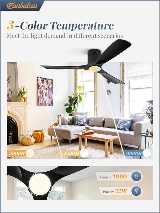 52 in. Ceiling Fan with Lights and Remote, Modern Flush Mount Ceiling Fan, Low Profile Reversible DC Ceiling Fan for Bedroom Living Room Patio-17-ErisView