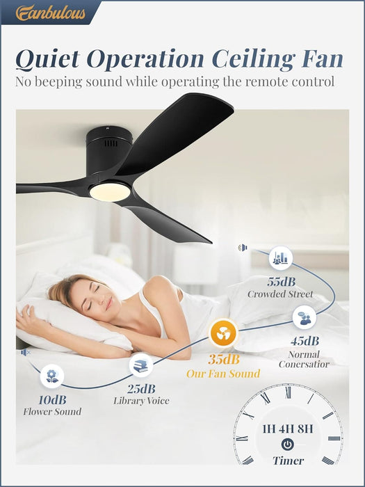 52 in. Ceiling Fan with Lights and Remote, Modern Flush Mount Ceiling Fan, Low Profile Reversible DC Ceiling Fan for Bedroom Living Room Patio-18-ErisView