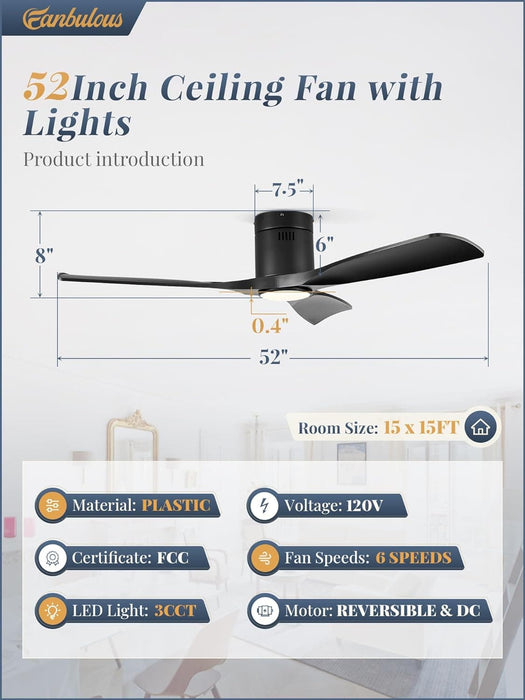 52 in. Ceiling Fan with Lights and Remote, Modern Flush Mount Ceiling Fan, Low Profile Reversible DC Ceiling Fan for Bedroom Living Room Patio-20-ErisView