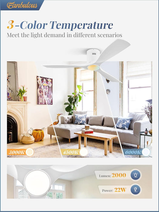 52 in. Ceiling Fan with Lights and Remote, Modern Flush Mount Ceiling Fan, Low Profile Reversible DC Ceiling Fan for Bedroom Living Room Patio-24-ErisView
