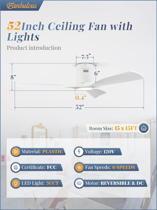 52 in. Ceiling Fan with Lights and Remote, Modern Flush Mount Ceiling Fan, Low Profile Reversible DC Ceiling Fan for Bedroom Living Room Patio-27-ErisView