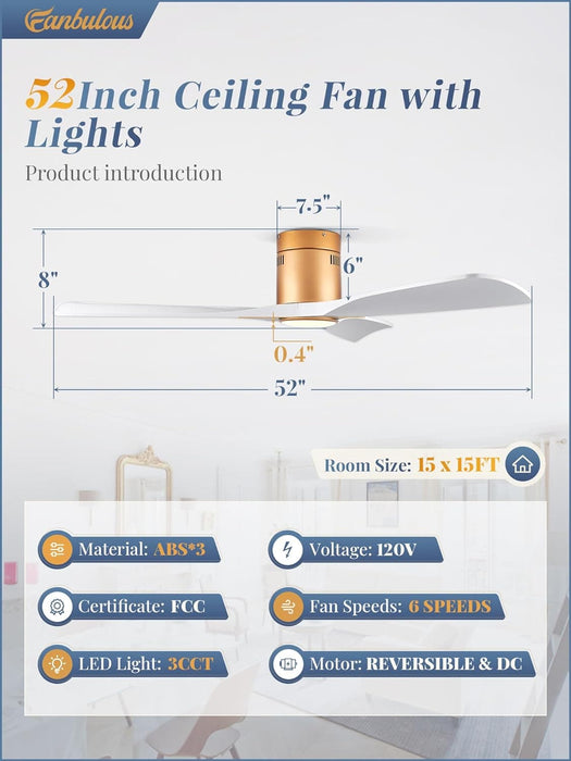 52 in. Ceiling Fan with Lights and Remote, Modern Flush Mount Ceiling Fan, Low Profile Reversible DC Ceiling Fan for Bedroom Living Room Patio-34-ErisView