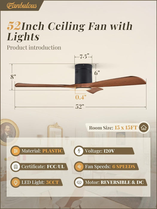 52 in. Ceiling Fan with Lights and Remote, Modern Flush Mount Ceiling Fan, Low Profile Reversible DC Ceiling Fan for Bedroom Living Room Patio-6-ErisView