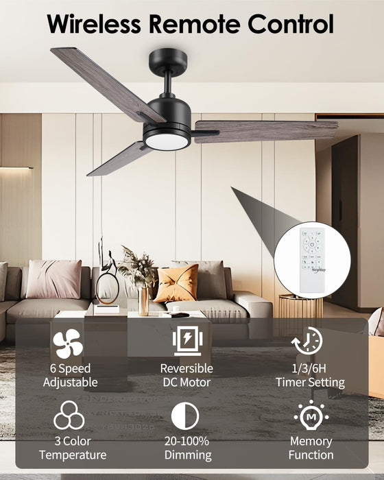 52 in. Ceiling Fan with Lights and Remote, Modern Reversible Dimmable Noiseless Ceiling Fan for Bedroom Living Room Dining Room-2-ErisView