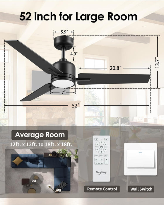 52 in. Ceiling Fan with Lights and Remote, Modern Reversible Dimmable Noiseless Ceiling Fan for Bedroom Living Room Dining Room-6-ErisView