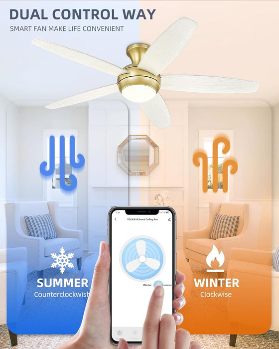 52 in. Ceiling Fan with Low Profile Light, Gold Flush Mount Outdoor Reversible Fan in Winter Summer, Smart Fans Work with Wi-Fi Alexa APP-3-ErisView