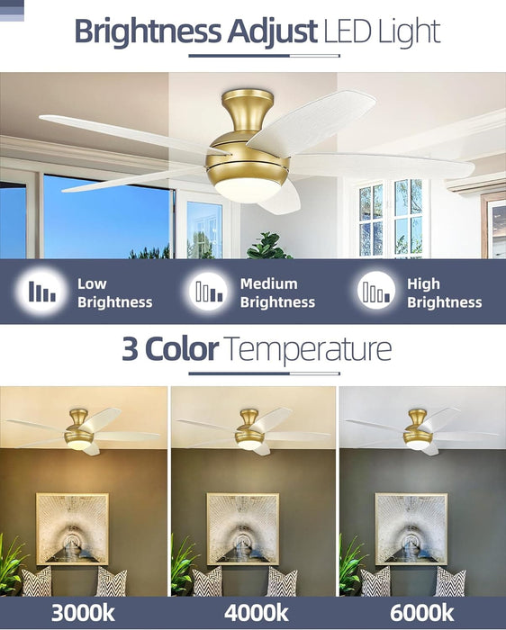 52 in. Ceiling Fan with Low Profile Light, Gold Flush Mount Outdoor Reversible Fan in Winter Summer, Smart Fans Work with Wi-Fi Alexa APP-4-ErisView