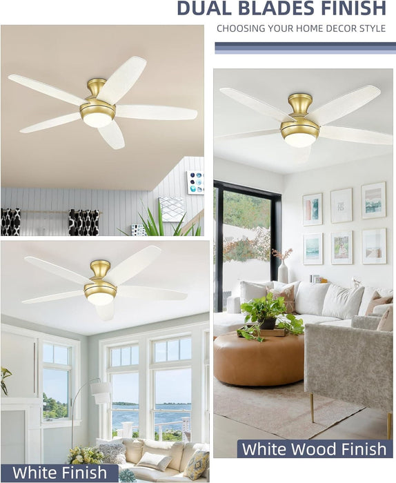 52 in. Ceiling Fan with Low Profile Light, Gold Flush Mount Outdoor Reversible Fan in Winter Summer, Smart Fans Work with Wi-Fi Alexa APP-5-ErisView