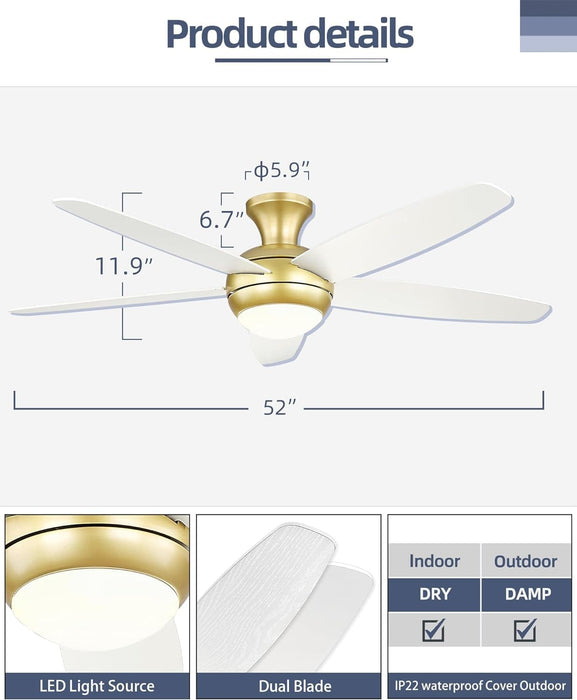 52 in. Ceiling Fan with Low Profile Light, Gold Flush Mount Outdoor Reversible Fan in Winter Summer, Smart Fans Work with Wi-Fi Alexa APP-6-ErisView