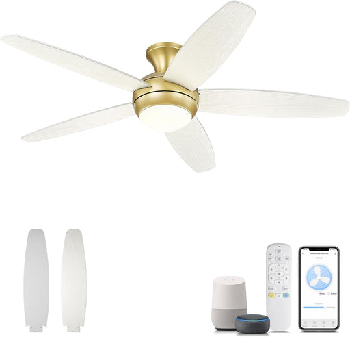 52 in. Ceiling Fan with Low Profile Light, Gold Flush Mount Outdoor Reversible Fan in Winter Summer, Smart Fans Work with Wi-Fi Alexa APP-1-ErisView