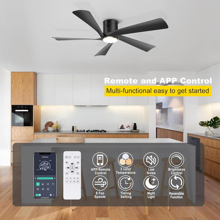 52 in. Ceiling Fan with Low Profile Light Remote APP Control, Modern Indoor Outdoor Silent Flush Mount Ceiling Fan-2-ErisView