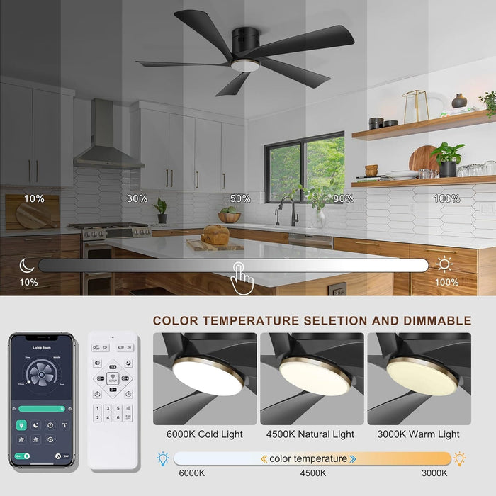 52 in. Ceiling Fan with Low Profile Light Remote APP Control, Modern Indoor Outdoor Silent Flush Mount Ceiling Fan-5-ErisView